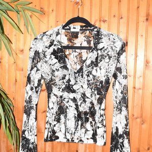 CACHE Sheer Blouse Black & White Floral Print